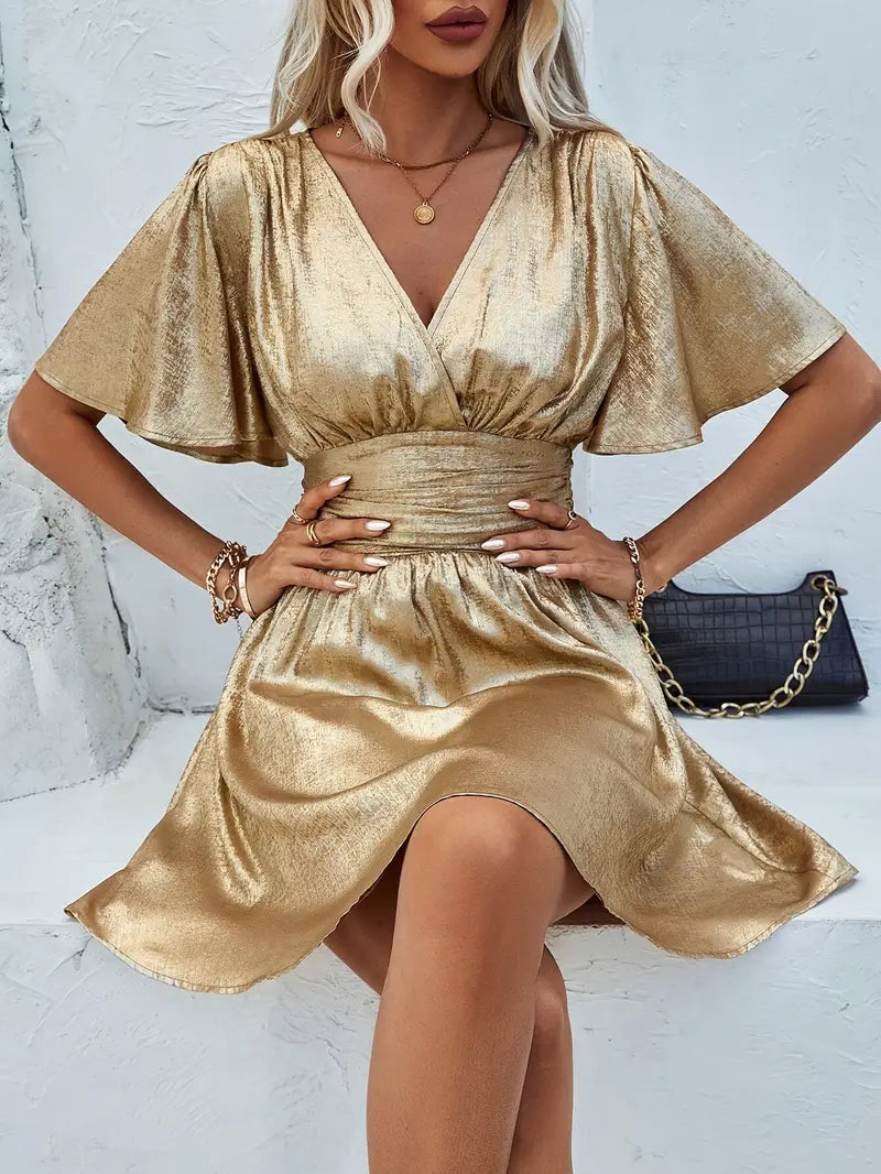 Women's Dress - Wrap V-Neck - Flutter Sleeves - Ruched Waist - A-Line Silhouette
