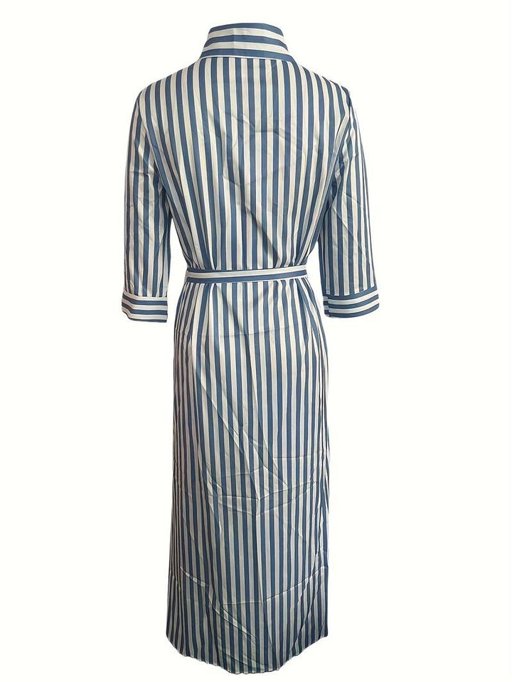 Women's Maxi Dress - Button Down - 3/4 Sleeve - Waist Tie - Front Slit - Striped