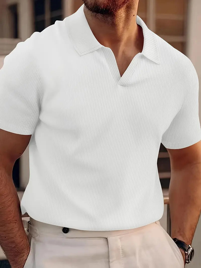 Men’s Polo Shirt - Slim Fit - Soft Knit Ribbed Texture - Short Sleeve Casual Wear