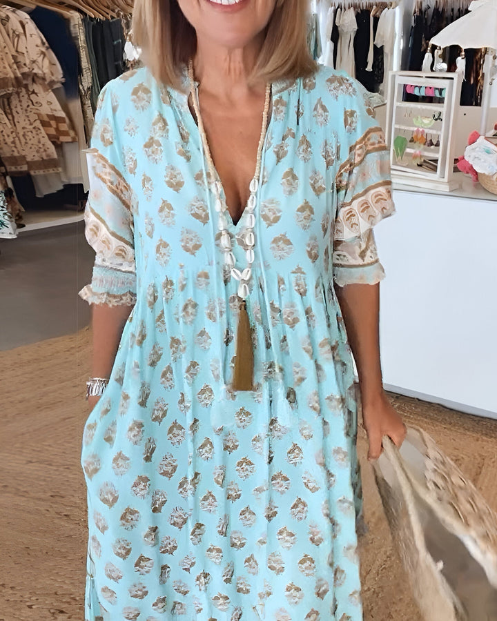 Women’s Maxi Dress – Flowing Fit – V-Neck with Ties – Puff Sleeve – Natural Fibers