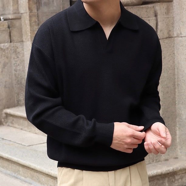 Men’s Knit Pullover Top – Relaxed Fit – Waffle Texture – Buttonless V-Collar – Long Sleeve