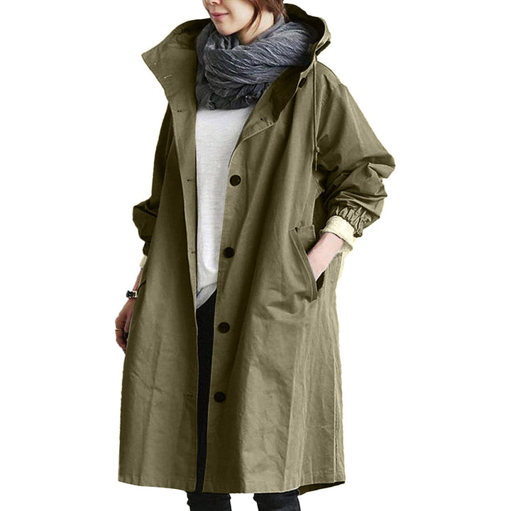 Women's Trench Coat - Oversized Fit - Knee Length - Hooded - Button-Up Closure
