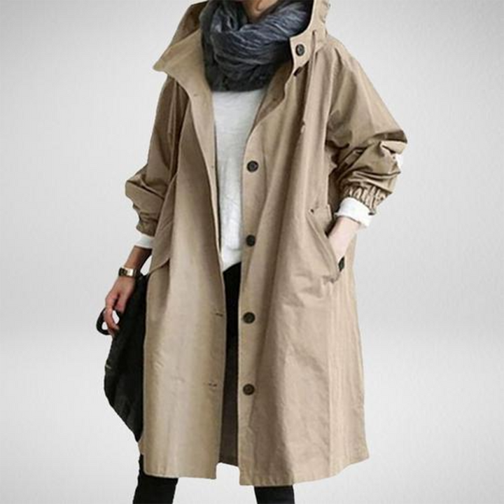 Women's Trench Coat - Oversized Fit - Knee Length - Hooded - Button-Up Closure