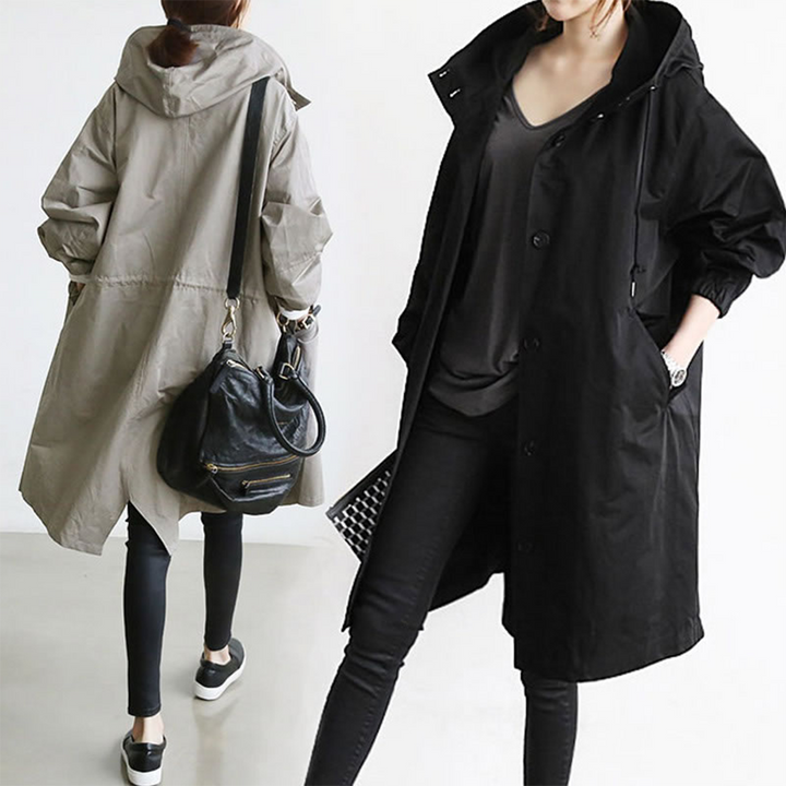 Women's Trench Coat - Oversized Fit - Knee Length - Hooded - Button-Up Closure