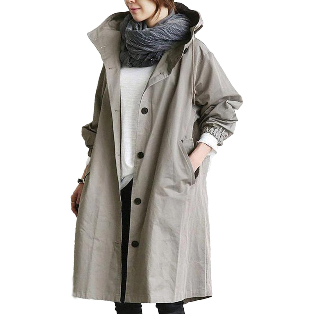 Women's Trench Coat - Oversized Fit - Knee Length - Hooded - Button-Up Closure
