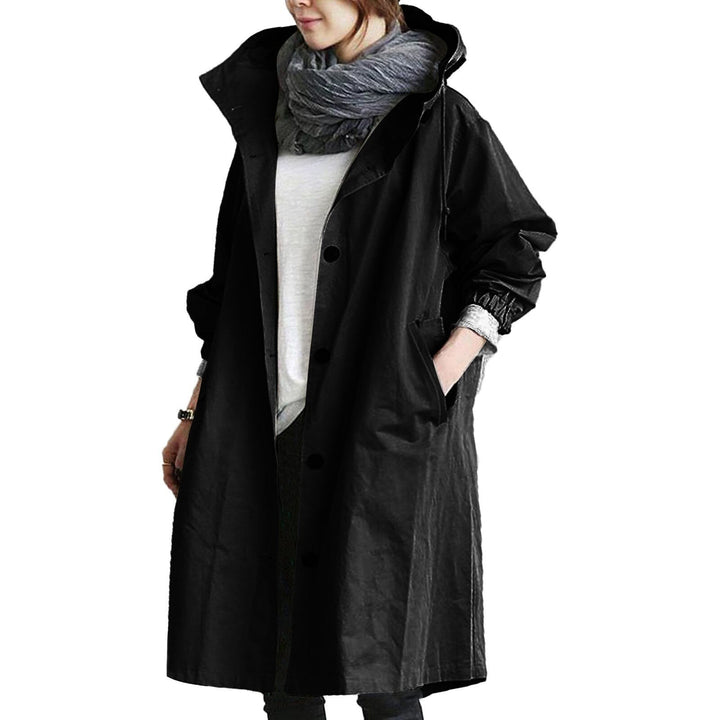 Women's Trench Coat - Oversized Fit - Knee Length - Hooded - Button-Up Closure