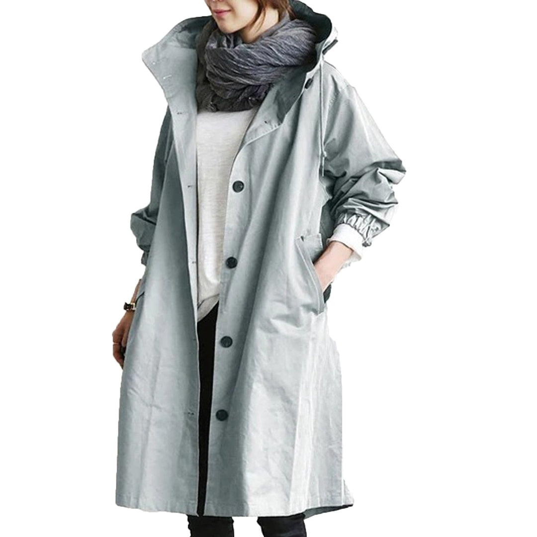 Women's Trench Coat - Oversized Fit - Knee Length - Hooded - Button-Up Closure