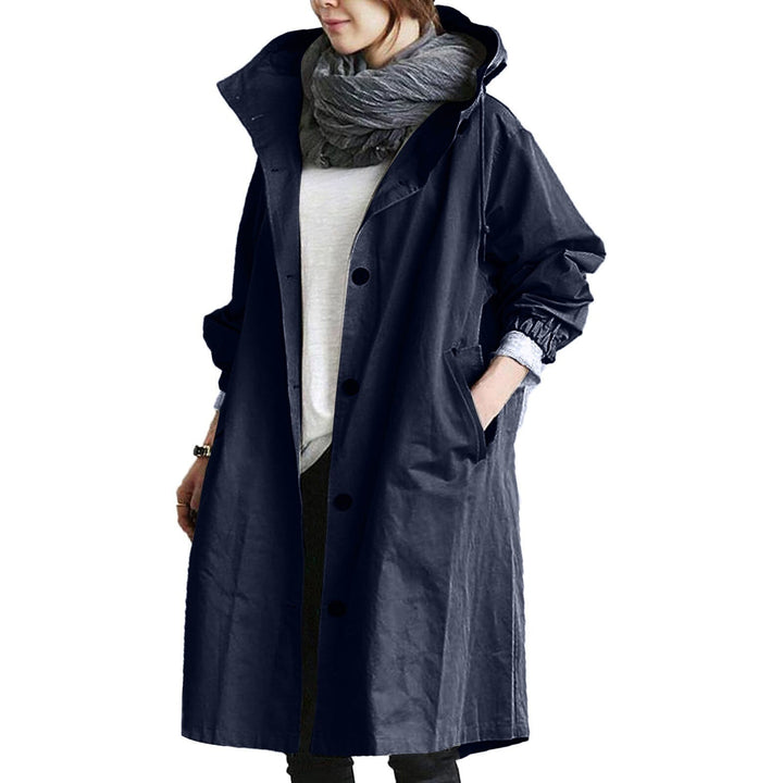 Women's Trench Coat - Oversized Fit - Knee Length - Hooded - Button-Up Closure