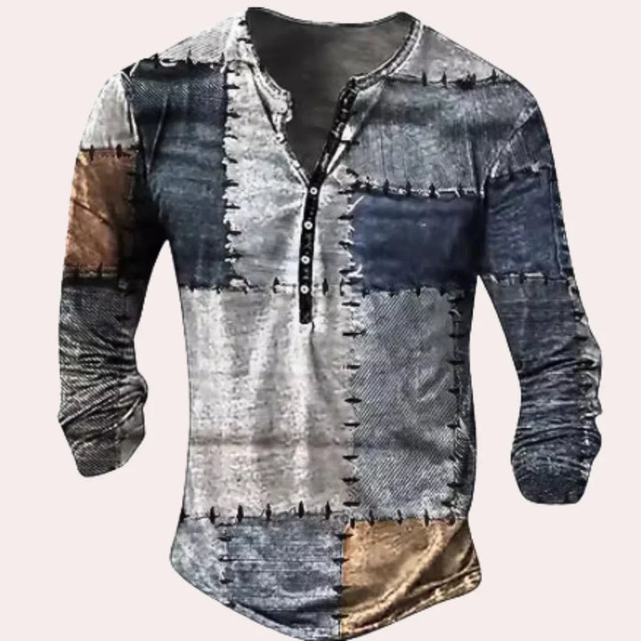 Men’s Henley Shirt - Soft Knit - Relaxed Fit - Long Sleeve - Patchwork Design