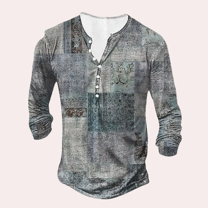 Men’s Henley Shirt - Soft Knit - Relaxed Fit - Long Sleeve - Patchwork Design
