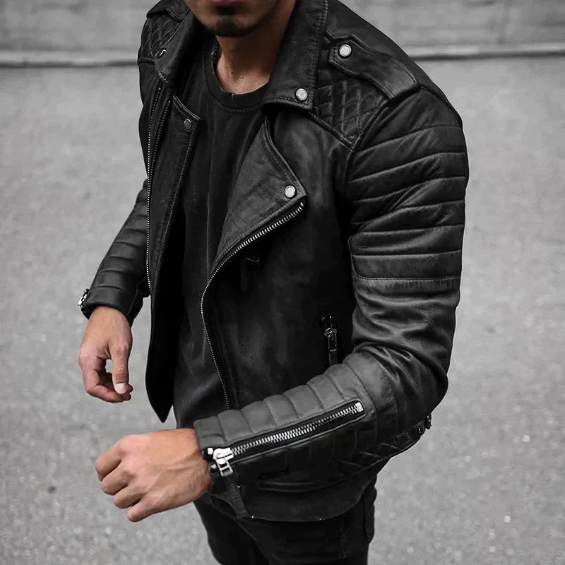 Men’s Biker Jacket – Structured Fit – Quilted Shoulders – Asymmetrical Zip Closure