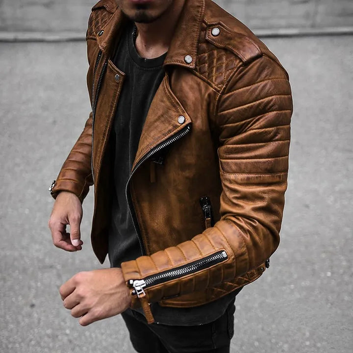 Men’s Biker Jacket – Structured Fit – Quilted Shoulders – Asymmetrical Zip Closure