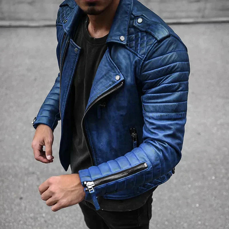 Men’s Biker Jacket – Structured Fit – Quilted Shoulders – Asymmetrical Zip Closure