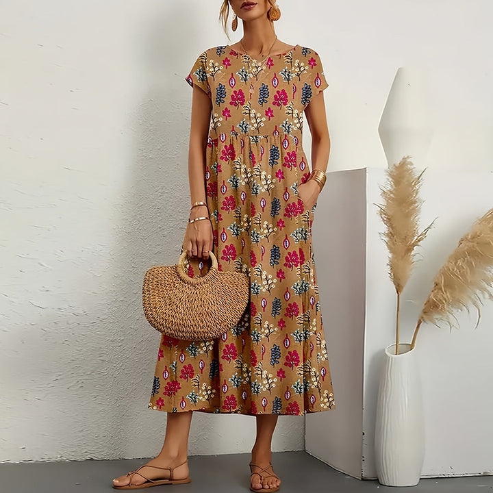 Women’s Midi Dress – Cotton Linen – Loose Fit – A-Line – Short Sleeve – Floral Print