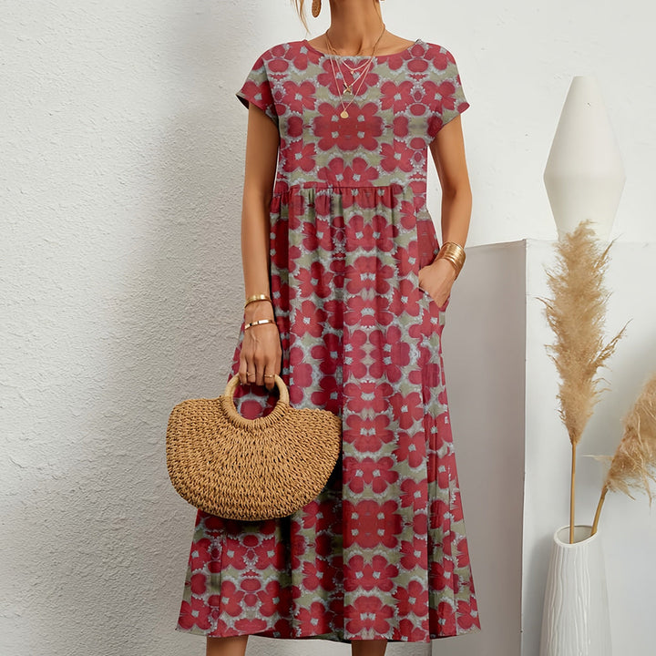 Women’s Midi Dress – Cotton Linen – Loose Fit – A-Line – Short Sleeve – Floral Print