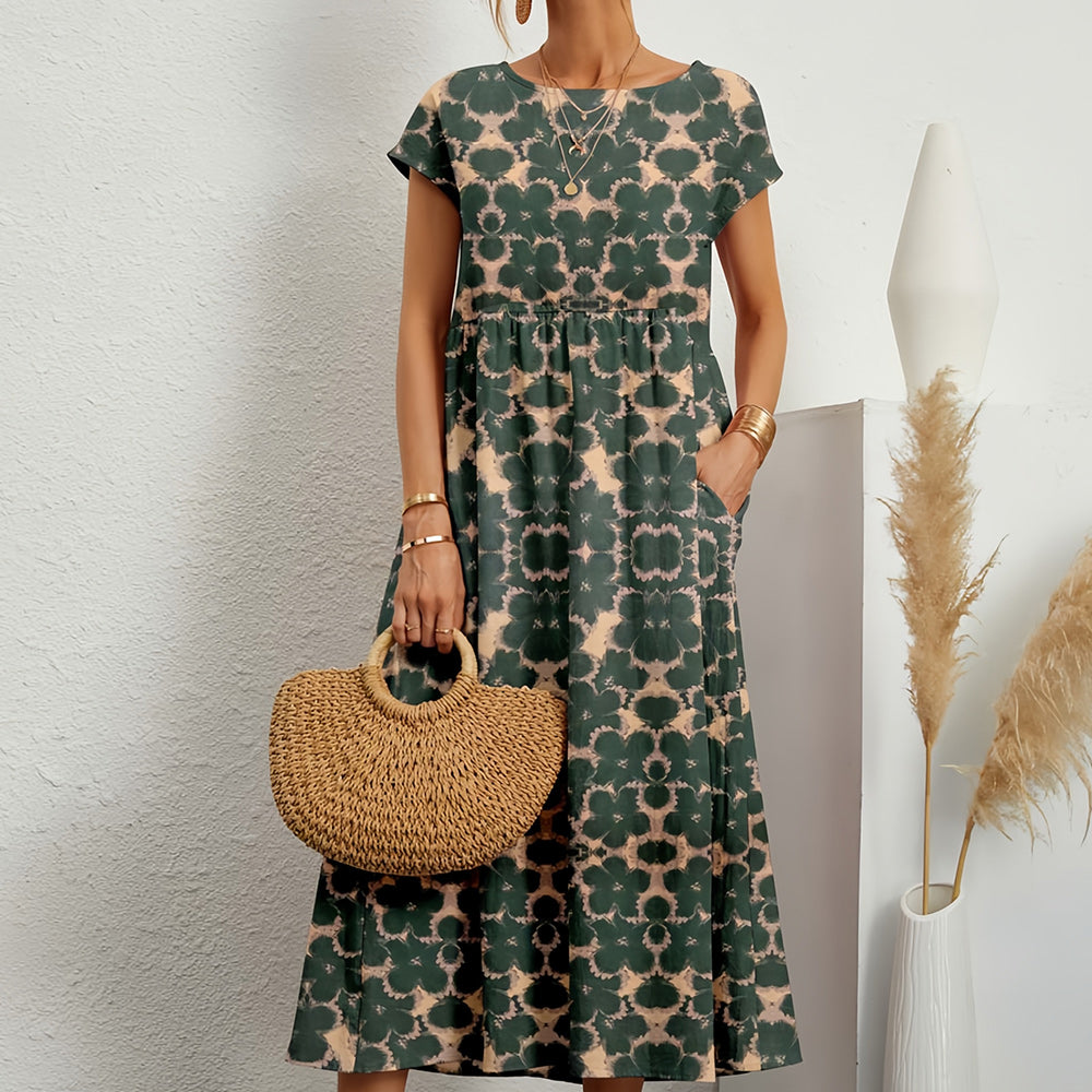 Women’s Midi Dress – Cotton Linen – Loose Fit – A-Line – Short Sleeve – Floral Print