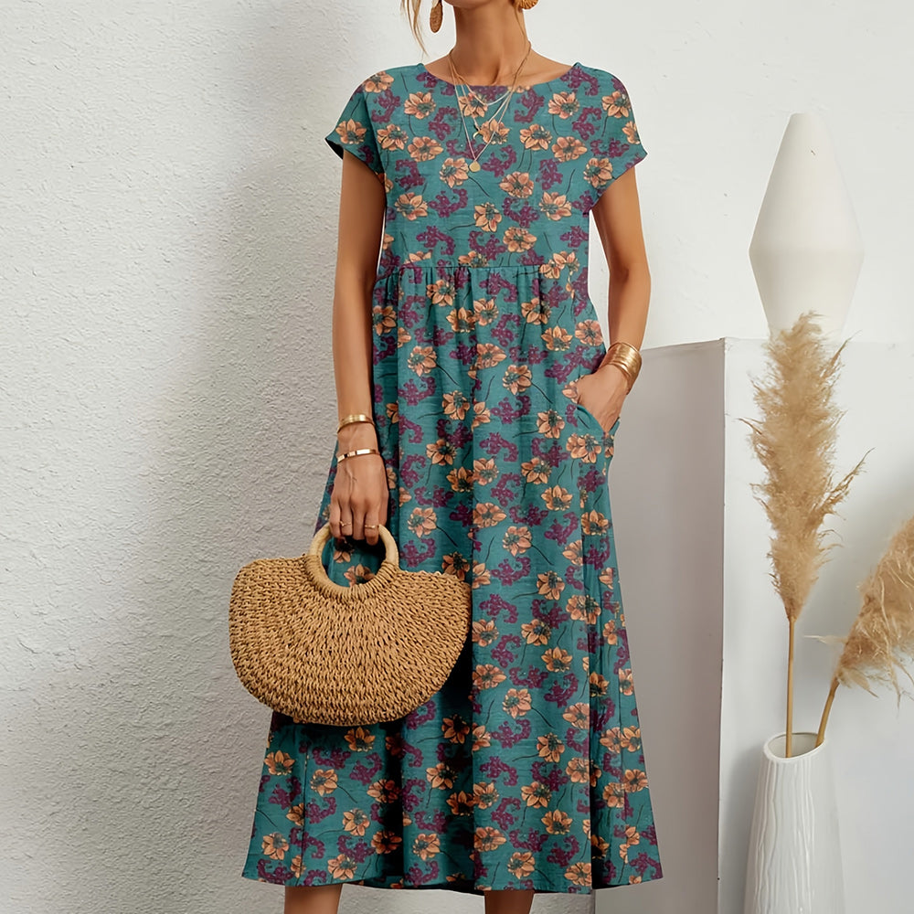 Women’s Midi Dress – Cotton Linen – Loose Fit – A-Line – Short Sleeve – Floral Print