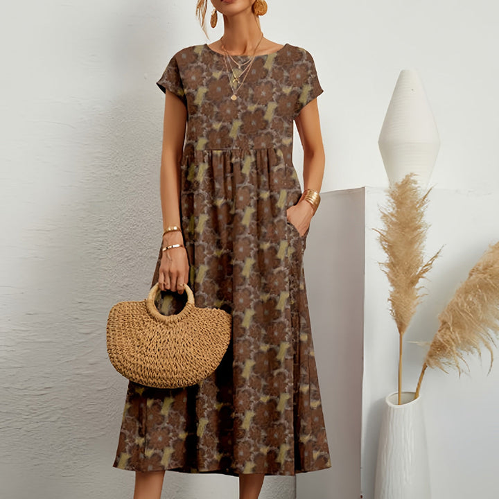 Women’s Midi Dress – Cotton Linen – Loose Fit – A-Line – Short Sleeve – Floral Print