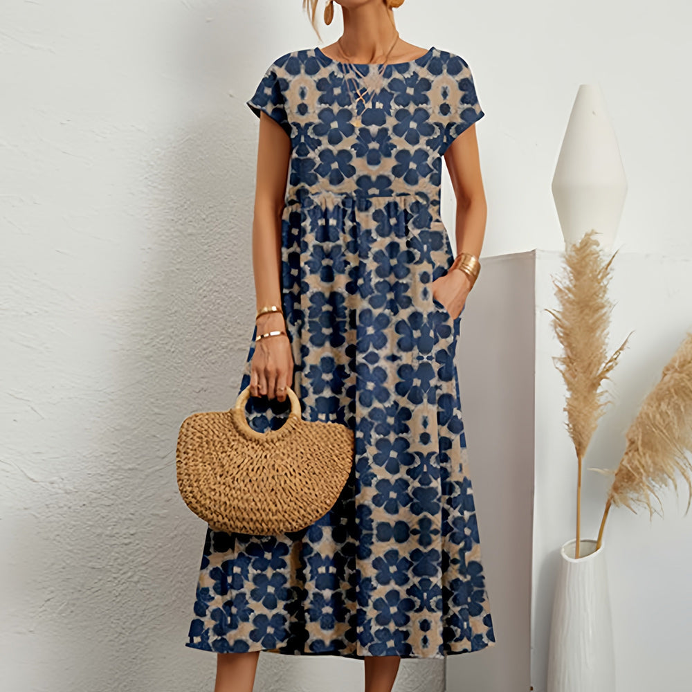 Women’s Midi Dress – Cotton Linen – Loose Fit – A-Line – Short Sleeve – Floral Print