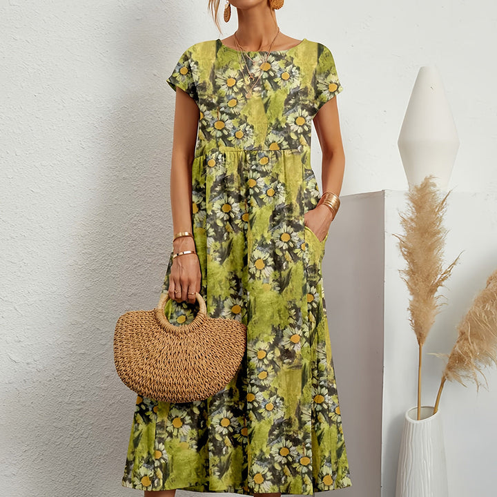 Women’s Midi Dress – Cotton Linen – Loose Fit – A-Line – Short Sleeve – Floral Print