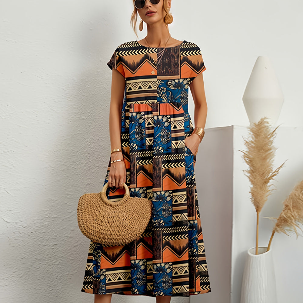 Women’s Midi Dress – Cotton Linen – Loose Fit – A-Line – Short Sleeve – Floral Print