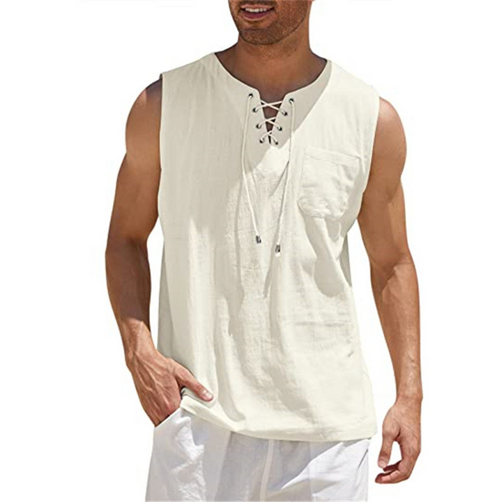 Men’s Sleeveless Shirt – Relaxed Fit – Breathable Blend – Lace-Up Front – Casual Style
