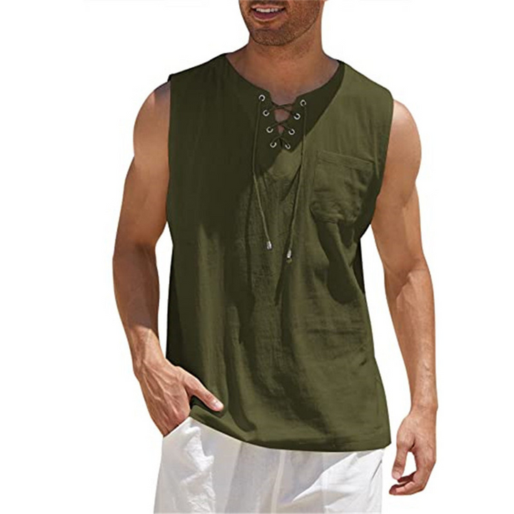 Men’s Sleeveless Shirt – Relaxed Fit – Breathable Blend – Lace-Up Front – Casual Style