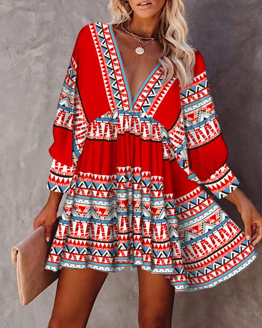 Women's Dress - Bohemian Style - Deep V-Neck - Long Sleeves - Mini A-Line Loose Fit
