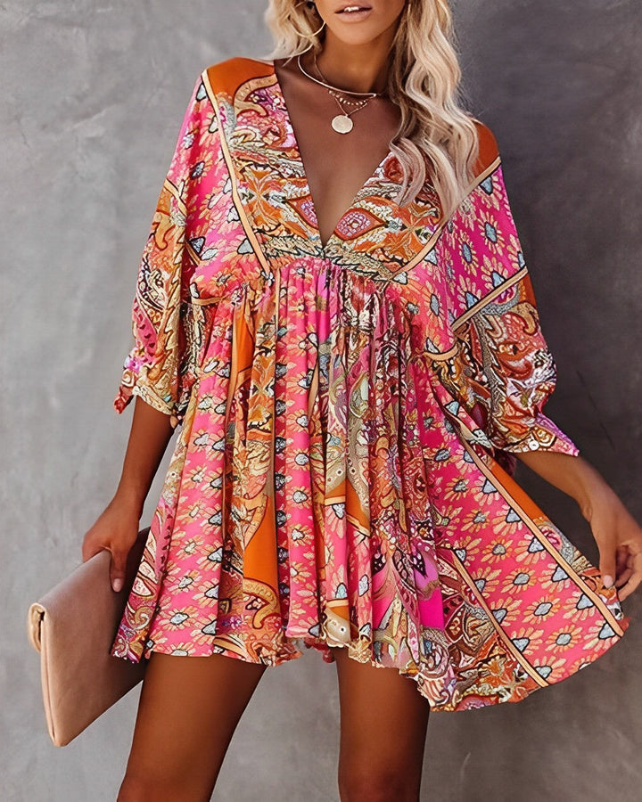 Women's Dress - Bohemian Style - Deep V-Neck - Long Sleeves - Mini A-Line Loose Fit