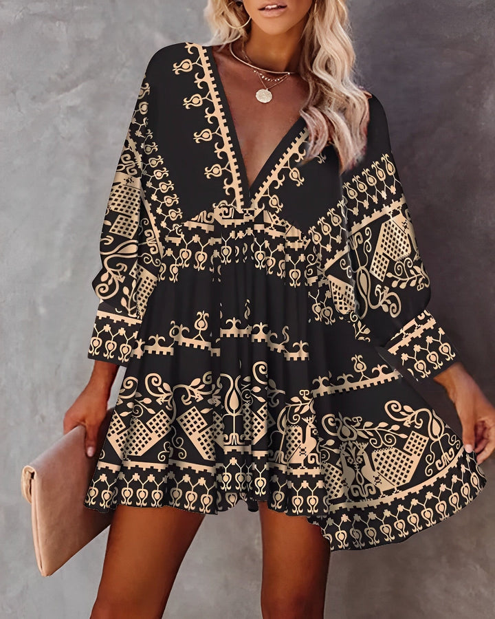 Women's Dress - Bohemian Style - Deep V-Neck - Long Sleeves - Mini A-Line Loose Fit