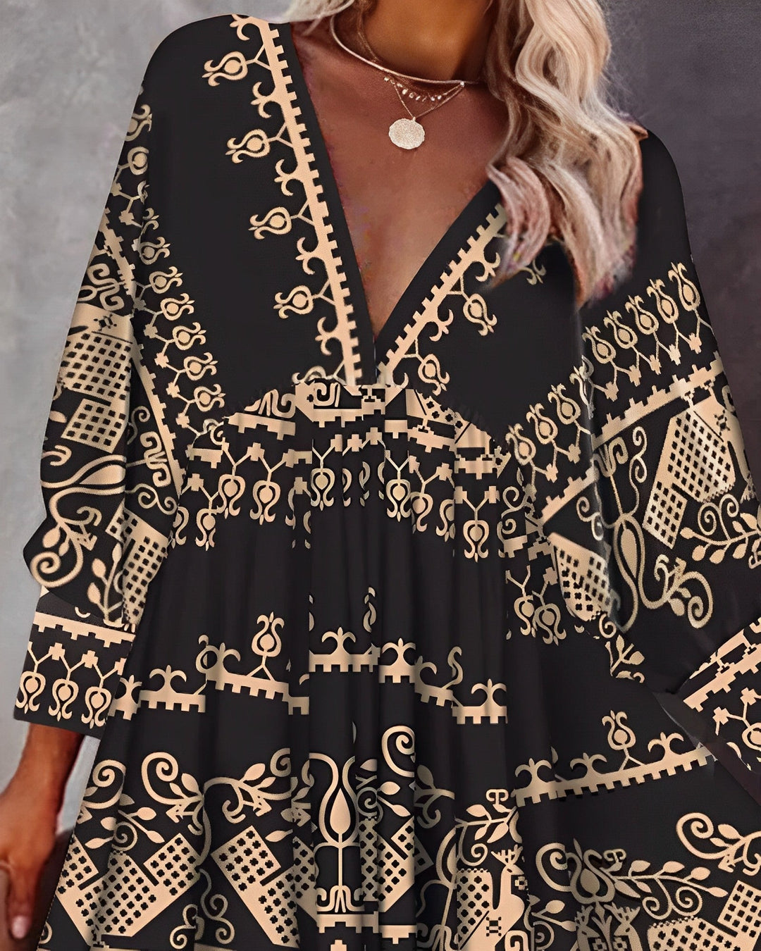 Women's Dress - Bohemian Style - Deep V-Neck - Long Sleeves - Mini A-Line Loose Fit