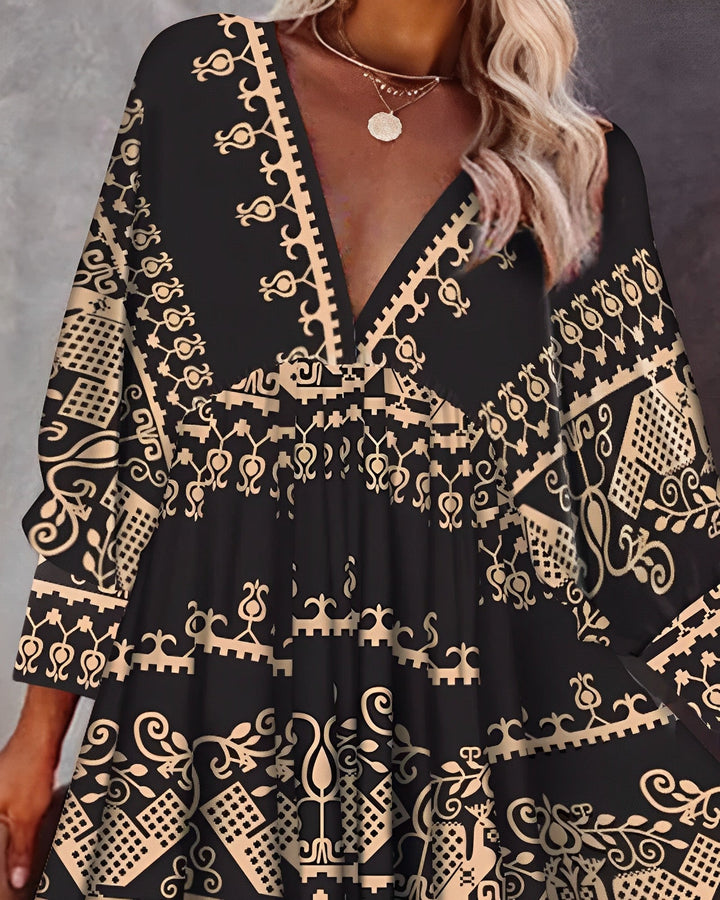Women's Dress - Bohemian Style - Deep V-Neck - Long Sleeves - Mini A-Line Loose Fit