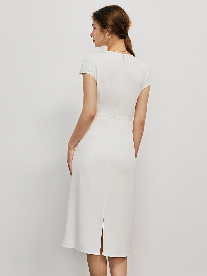 Women's Midi Dress - Fitted Silhouette - Crew Neck - Cap Sleeves - Elegant Waist Detail