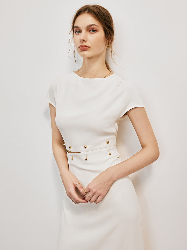 Women's Midi Dress - Fitted Silhouette - Crew Neck - Cap Sleeves - Elegant Waist Detail