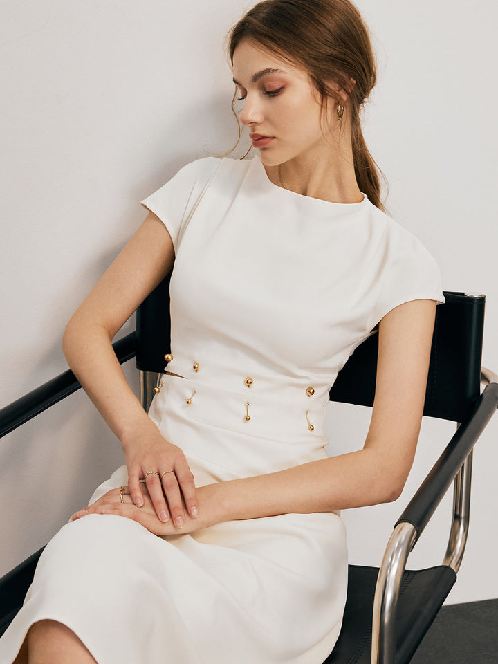 Women's Midi Dress - Fitted Silhouette - Crew Neck - Cap Sleeves - Elegant Waist Detail