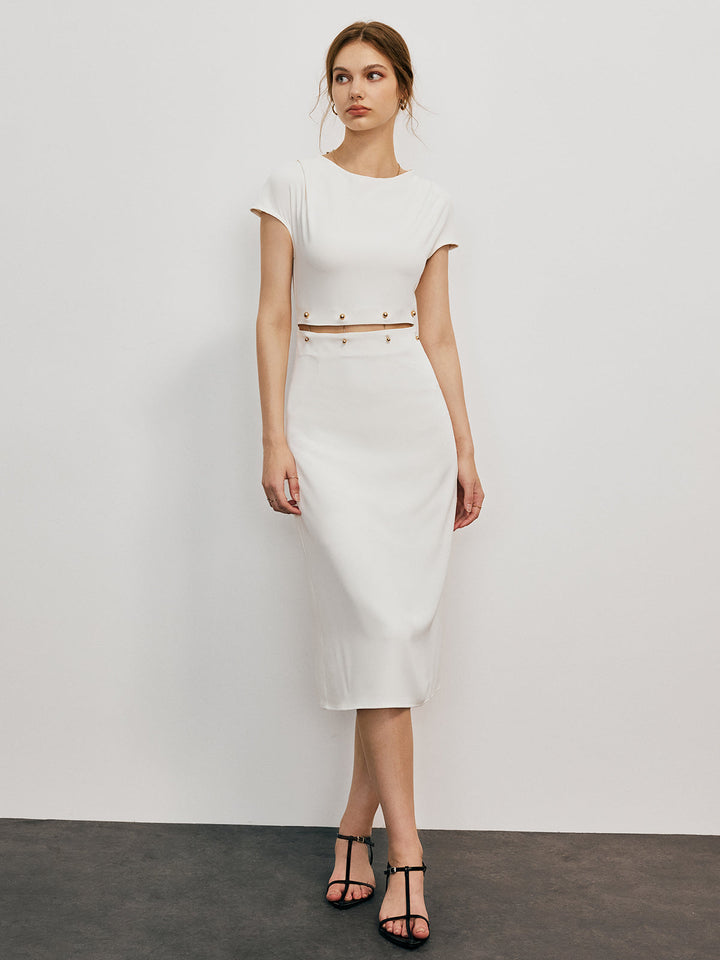 Women's Midi Dress - Fitted Silhouette - Crew Neck - Cap Sleeves - Elegant Waist Detail