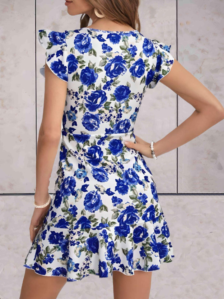 Women's A-Line Floral Dress - Short Cap Sleeves - Round Neck - Ruffled Hem
