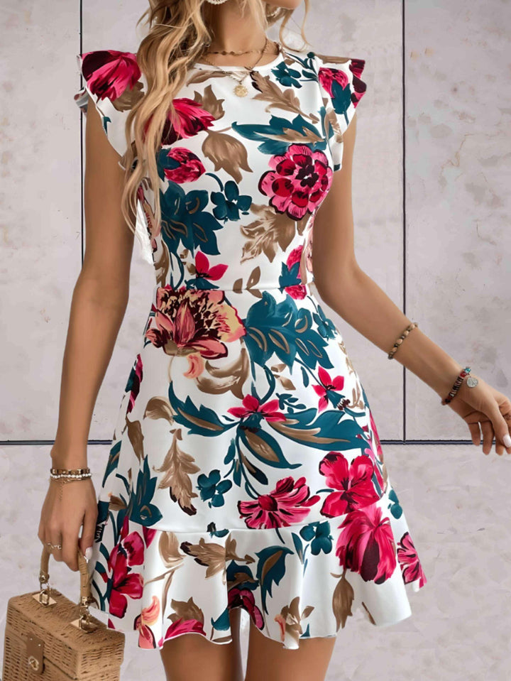 Women's A-Line Floral Dress - Short Cap Sleeves - Round Neck - Ruffled Hem