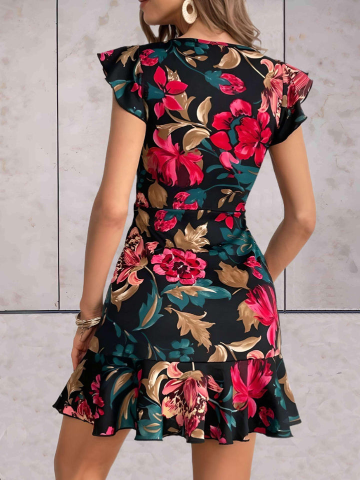 Women's A-Line Floral Dress - Short Cap Sleeves - Round Neck - Ruffled Hem
