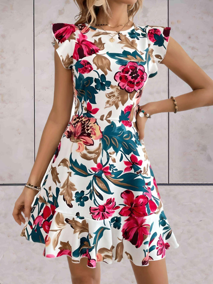 Women's A-Line Floral Dress - Short Cap Sleeves - Round Neck - Ruffled Hem