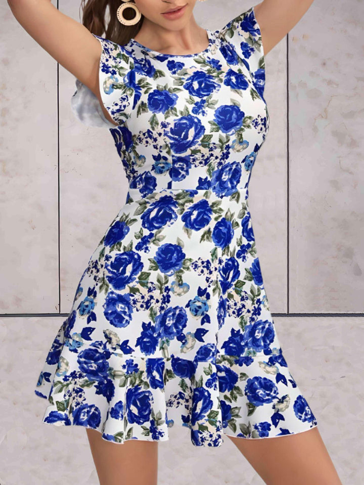 Women's A-Line Floral Dress - Short Cap Sleeves - Round Neck - Ruffled Hem