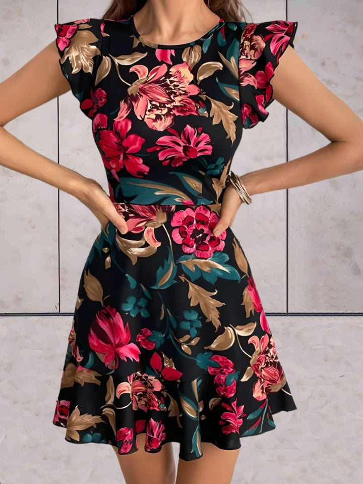 Women's A-Line Floral Dress - Short Cap Sleeves - Round Neck - Ruffled Hem