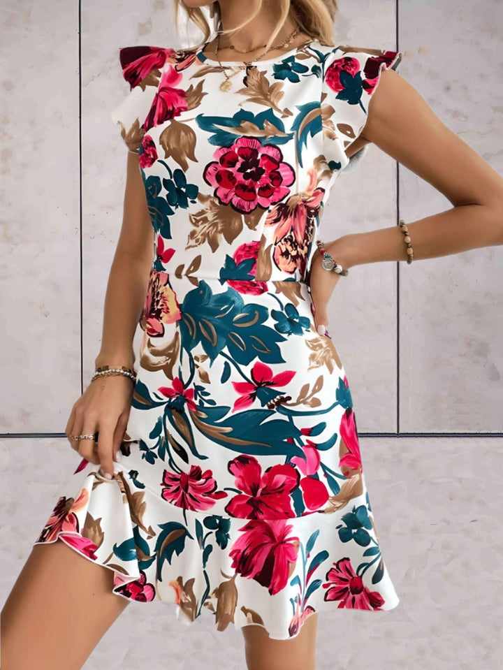 Women's A-Line Floral Dress - Short Cap Sleeves - Round Neck - Ruffled Hem