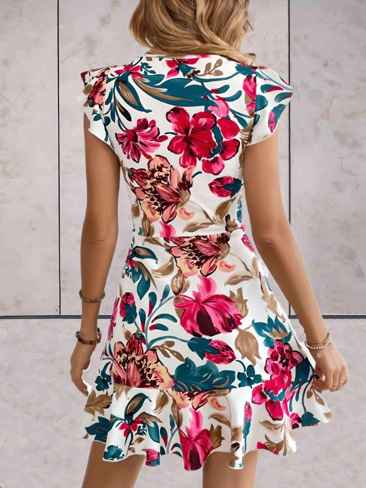Women's A-Line Floral Dress - Short Cap Sleeves - Round Neck - Ruffled Hem