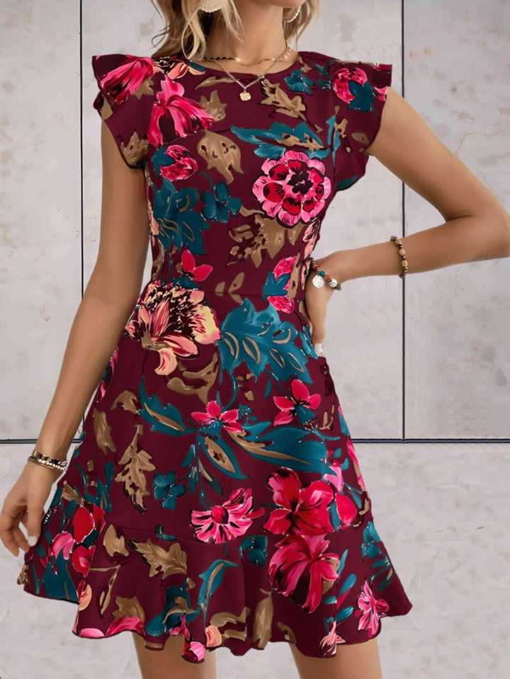 Women's A-Line Floral Dress - Short Cap Sleeves - Round Neck - Ruffled Hem
