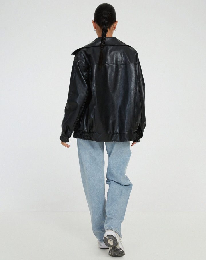 Women’s Leather Jacket - Oversized Fit - Zipper Front - Hip Length Casual Outerwear