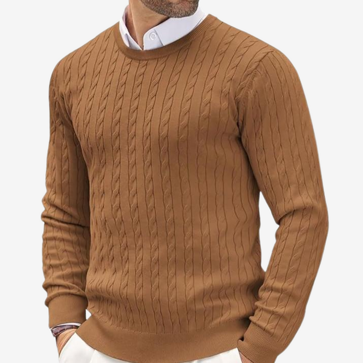 Men’s Sweater - 100% Cashmere - Tailored Fit - Crew Neck Cable Knit Long Sleeve