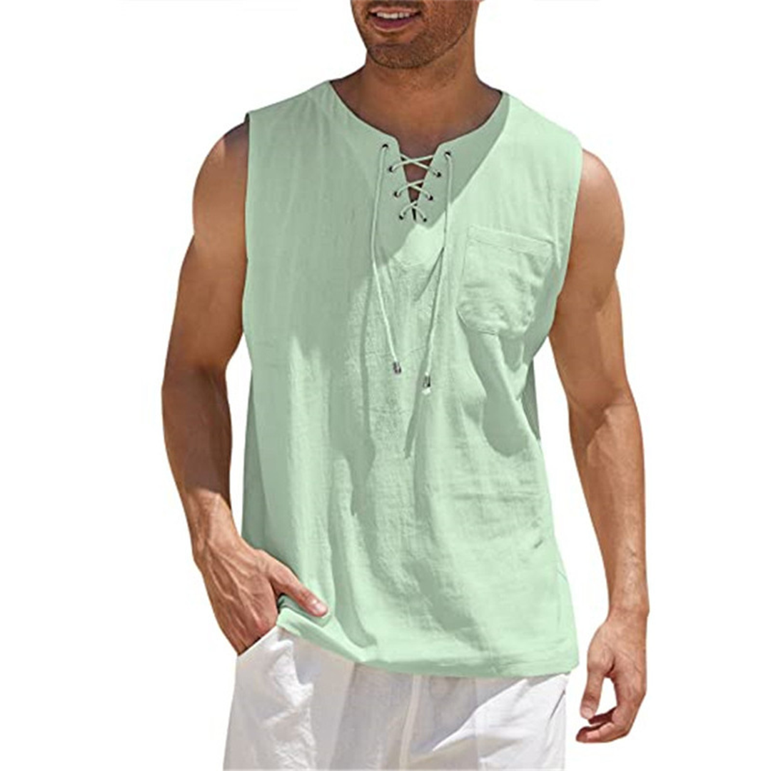 Men’s Sleeveless Shirt – Relaxed Fit – Breathable Blend – Lace-Up Front – Casual Style