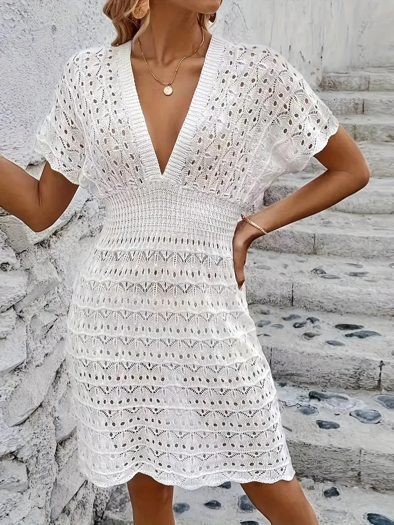Women's Crochet Dress - Knee-Length - Deep V-Neck - Short Sleeve - Elegant Beachwear