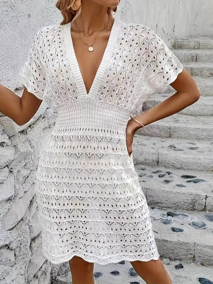 Women's Crochet Dress - Knee-Length - Deep V-Neck - Short Sleeve - Elegant Beachwear